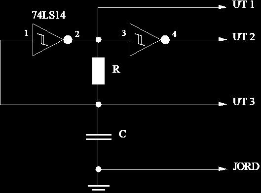 På labbänken finns ett labbkort med en så kallad TTL-oscillator som genererar en något asymmetrisk fyrkantsvåg (för den intresserade teknologen finns nedan en beskrivning på hur labbkortet fungerar).