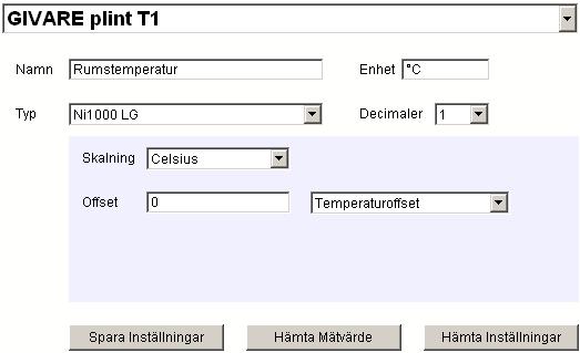 Spara inställningarna för givaren innan du fortsätter med databaserna. I drop-down listan längst upp kan du snabbt byta till en annan Givare / Ställdon.