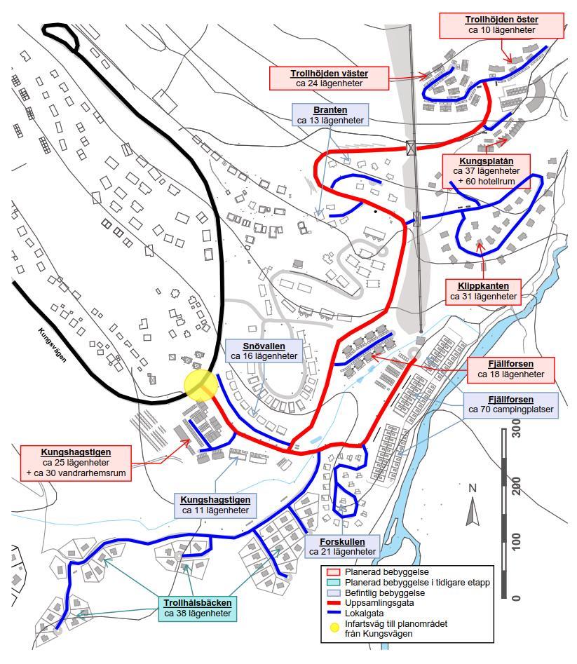 Figur 2 Planerat exploateringsområde och infartsväg (Bildkälla: baserat på kartbild från Arkilvolt.