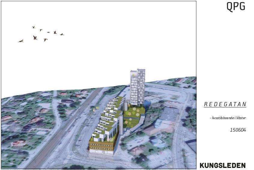 Kungsleden AB önskar utveckla fastigheten så att även bostäder kan inrymmas och föreslår att den befintliga byggnaden byggs på med atriumbostäder i flerbostadshus i tre till fyra våningar mot Torgny