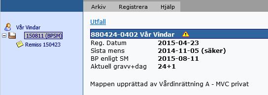 En mapp har skapats med datum för beräknad partus och uppgifterna går att läsa till höger i bild. Det skapas en ny mapp för varje ny graviditet.