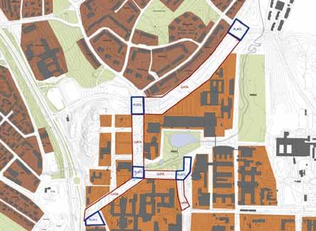 Konvertering av den funktionsuppdelade staden till kvartersstad innebär principiellt en indelning i gator och kvarter, platser och parker samt en tydlig gatunätsstruktur. Illustration: Hans Gillgren.