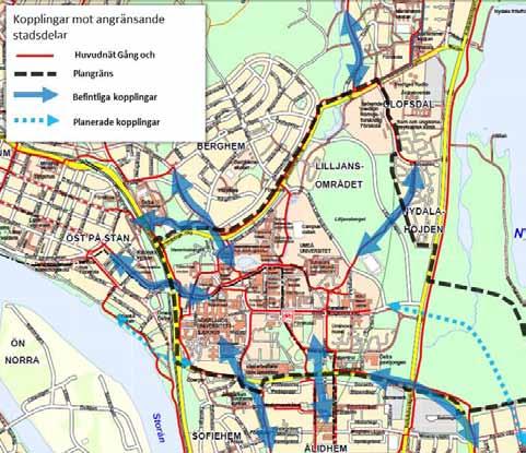 Kartbild från Fördjupningen för Umeå där huvudnät för cykelvägar illustreras liksom förslag på framtida huvudnät.