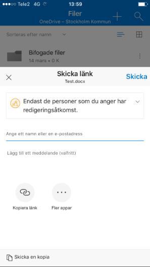 Fyll i vilka personer du vill dela dokumentet med och tryck Skicka.