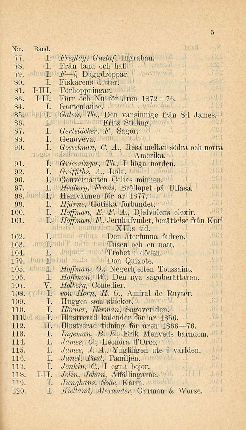 Fritz 5 N:o. Band. 77. I. Ffeytag, Gustaf, Ingraban. 78. I. Från land ocli haf. 79. I. F i, Daggdroppar. 80. I. PiskarenS (bitter. 81. I-111. Förlioppniugar. 83. I-11. Pörr ocli Nu för ären 1872 76.