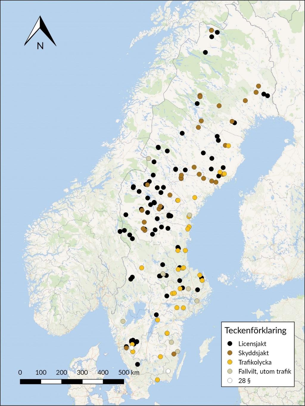 Karta, inkomna lodjur till SVA 2017 Utbredningen av fynd- eller avlivningsplats för lodjur som