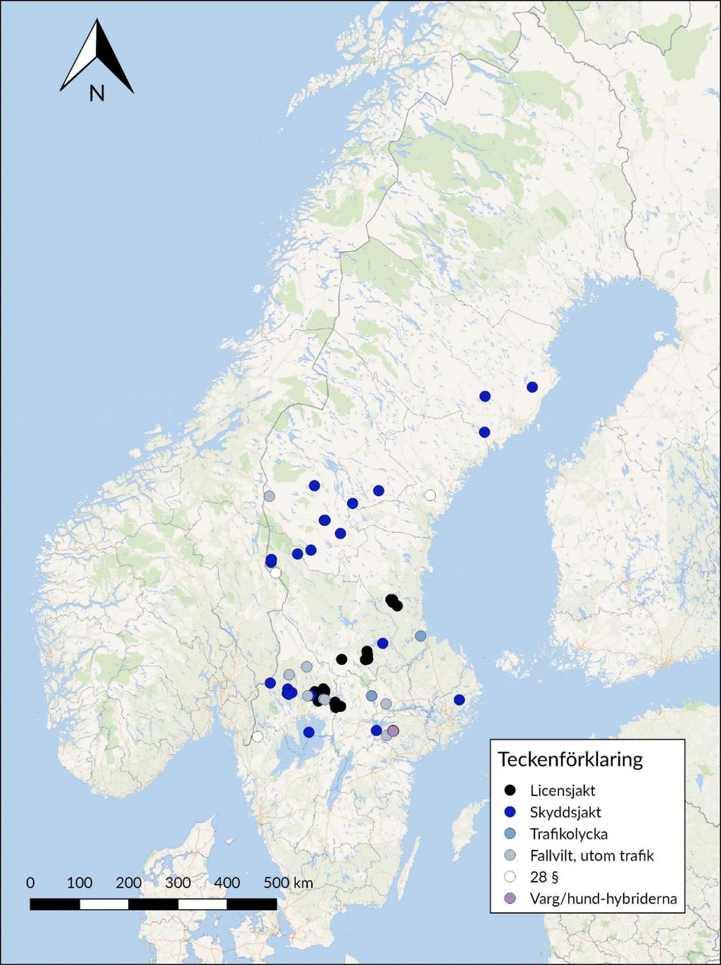 Karta, inkomna vargar till SVA 2017 Utbredningen av fynd- eller avlivningsplats för vargar som inkom till SVA 2017 under respektive dödsorsak.