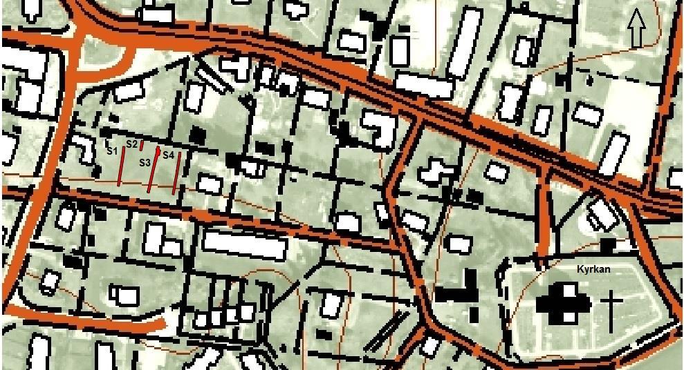 Figur 4. Brösarp med schakten (S1-S4) inom fastigheten Brösarp 12:156 rödmarkerade. Skala 1: 2 000. Utdrag ur Fastighetskartan.