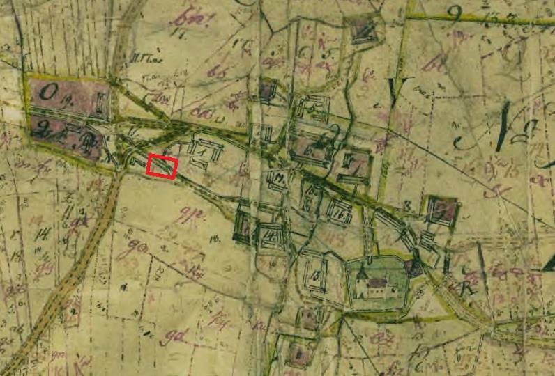 Figur 3. Brösarps bytomt enligt lantmäterikarta från år 1820 över enskifte (karta/akt 11-BRÖ-12). På kartan framgår att kyrkan låg i den sydöstra delen av bytomten.