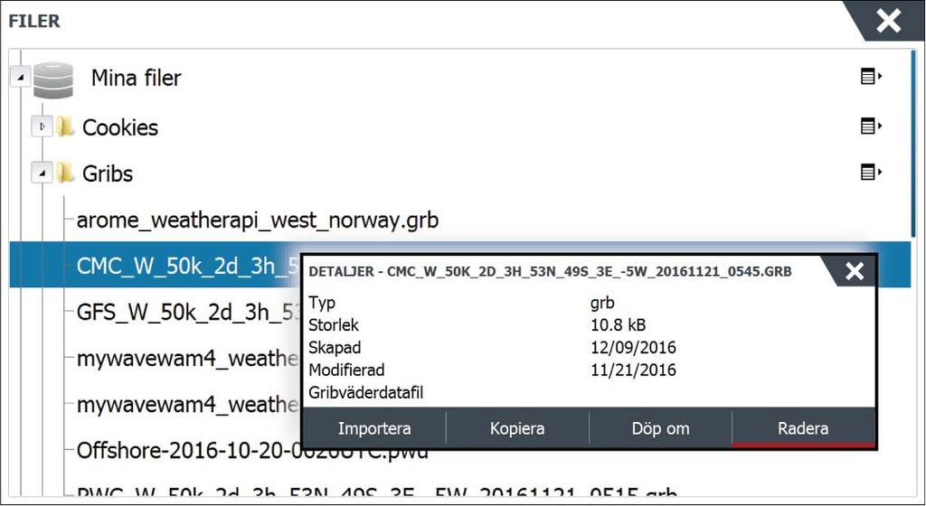 Om du väljer menyalternativet Prognos på plotterpanelen visas dialogrutan GRIB-väder.