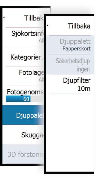 Efter aktivering av säkerhetsdjup anger du önskad gräns för säkerhetsdjupet. Säkerhetsdjup ställer in den gräns vid vilken djupet ritas utan blå skuggning.