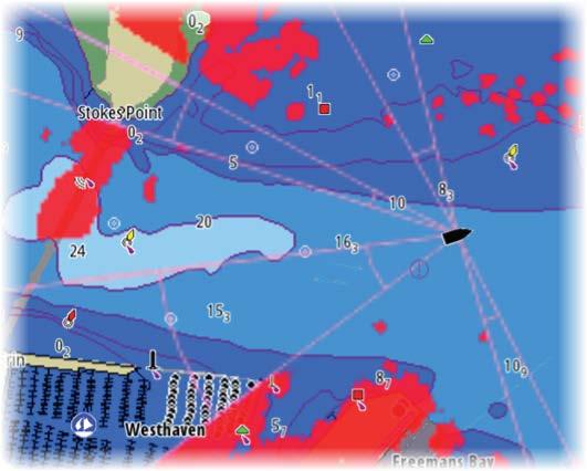 Huvudradarns PPI Radarlager på ett sjökort Justera radarbilden Du kan förbättra radarbilden genom att justera radarns känslighet, och genom att filtrera bort slumpekon från sjögång och