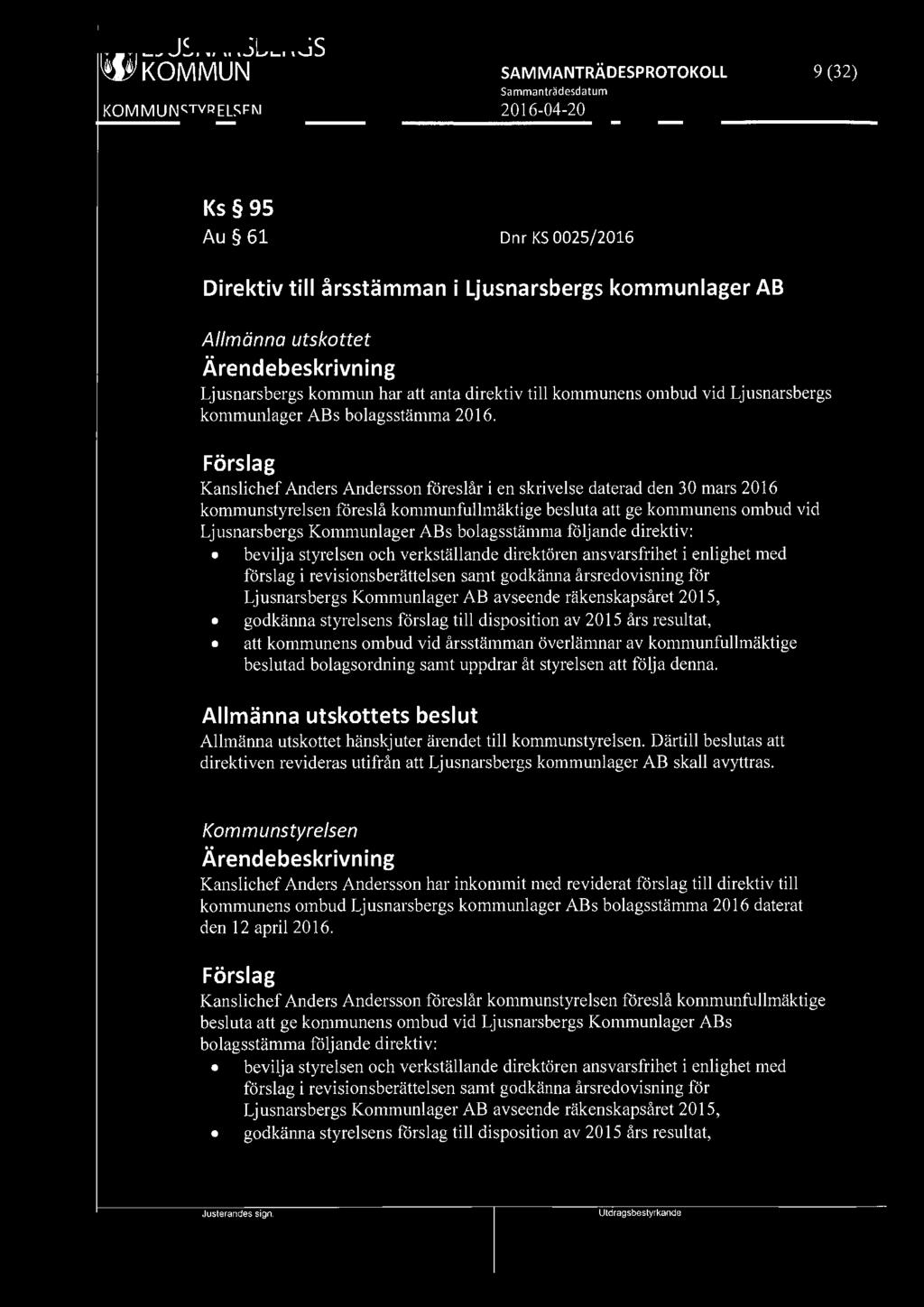 [919] LJUSNARSBERGS WI KOMMUN 9 (32) Ks 95 Au 61 Dnr KS 0025/2016 Direktiv till årsstämman i Ljusnarsbergs kommunlager AB Allmänna utskottet Ljusnarsbergs kommun har att anta direktiv till kommunens