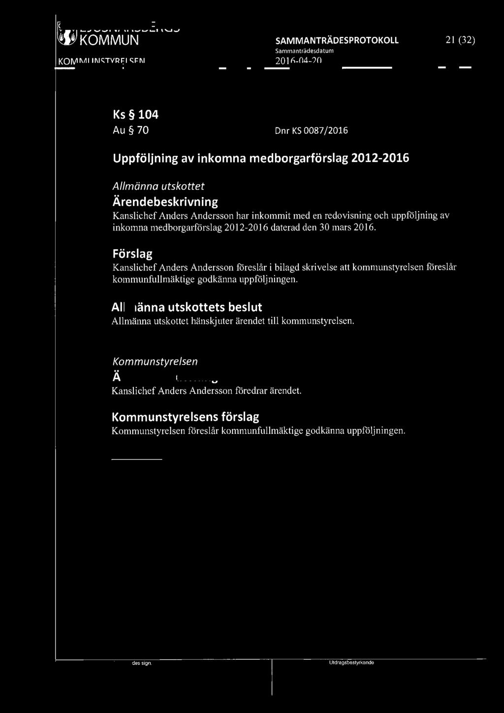 ~ LJUSNARSBERGS W'KOMMUN 21 (32) Ks 104 Au 70 Dnr KS 0087 /2016 Uppföljning av inkomna medborgarförslag 2012-2016 Allmänna utskottet Kanslichef Anders Andersson