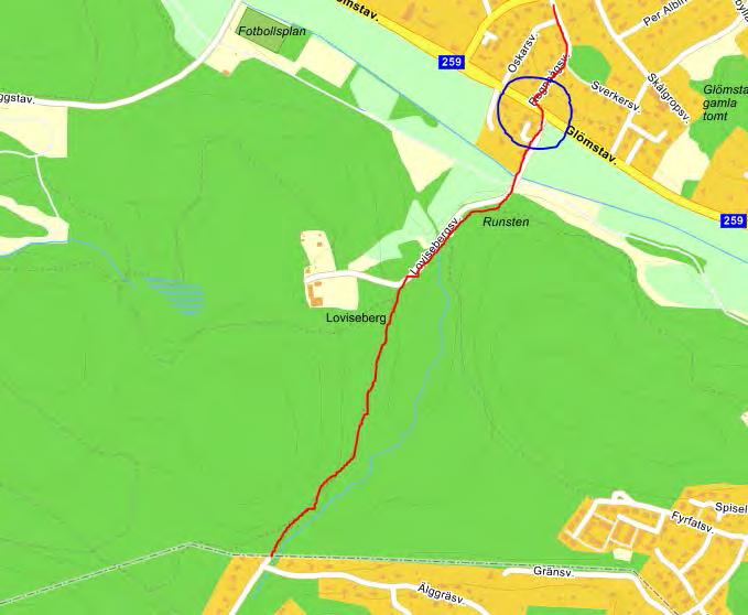skog (röd) Regionalt alternativt stråk från Tullinge över Loviseberg till Glömstadalen.
