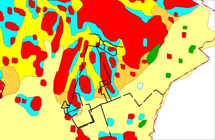 Geotekniska förhållanden Enligt jordartskartan består området av berg (röd), morän (blå), glacial lera sand-grus (gul) och postglacial finlera (gul). Åkermarken består av mellan till styv lera (gul).