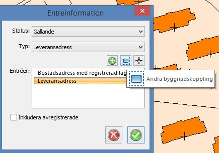 För att uppdatera entréobjektet för en byggnad väljer man den byggnad man vill arbeta med. Sedan kopplar man Byggnad Entré Adresspunkt.