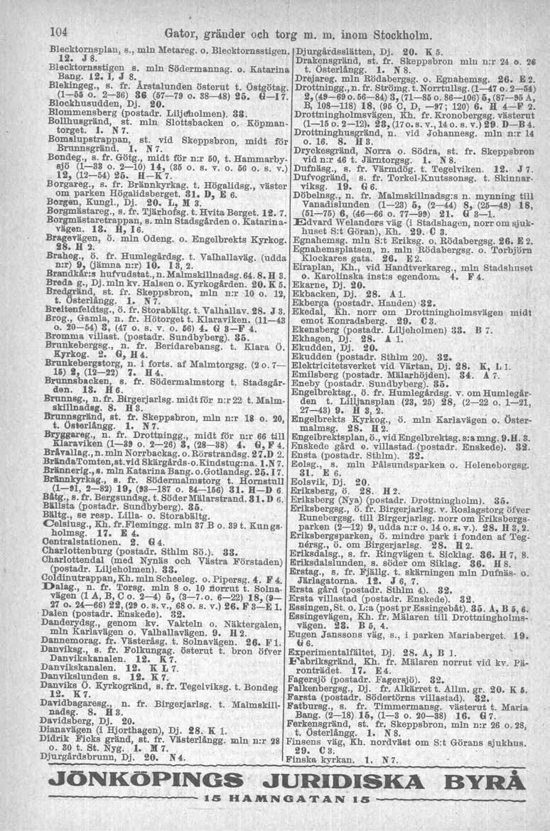 104 Gator, gränder och torg m. m. inom Stockholm. Blecktornsplan, s., min Metareg. o. BIecktornsstigen. Djurgårdsslätten, Dj. 20. K 5. 12. J 8. Drakensgränd, st. fr. Skeppsbron min n:r 24 o.