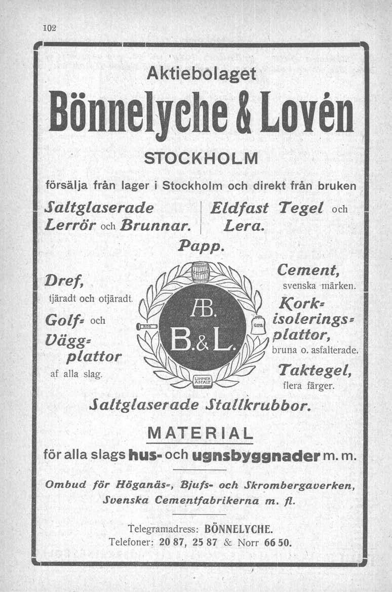 ' 1_ 102 Aktiebolaget Bönnelyehe & Loyen STOCKHOLM försälja från lager i Stockholm och direkt från bruken Saltglaserade I Eldfast Tegel och Lerrör och Brunnar. I Lera. Papp.