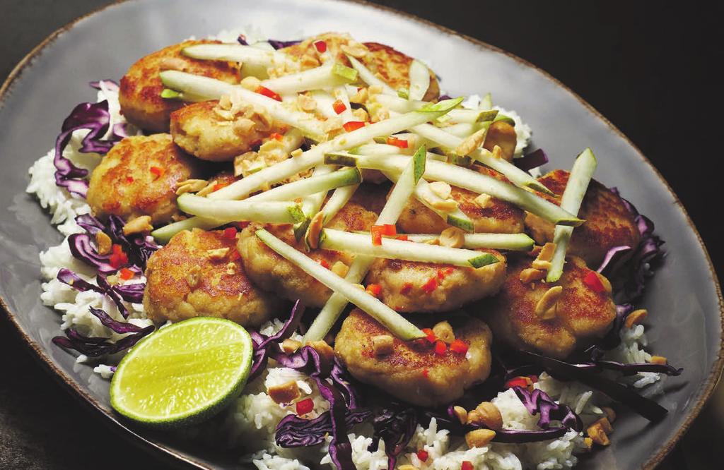 RECEPT 1 35 min 335 kcal/port Fett 17g Kolhydrater 15g Protein 29g Thailändska fishcakes Små goda fiskkakor med ingefära och kokosmjölk.