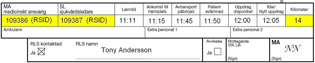 Uppgifter som behövs för att fylla i hjärtstoppsrapport. (Se informationsblad 54.