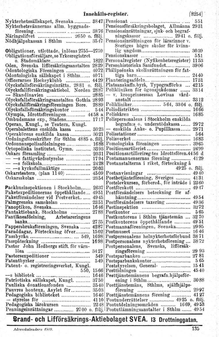 Inuehålls-reglster. 1'8254j. Nykterhetssällskapet, Svenska 3847 Pensionat : 551 Nykterhetsvännernas allm. byggnads- Pensionsförsäkringsbolaget, Allmänna 2931 förening 3876 Pensionsinrättningar, sjuk.