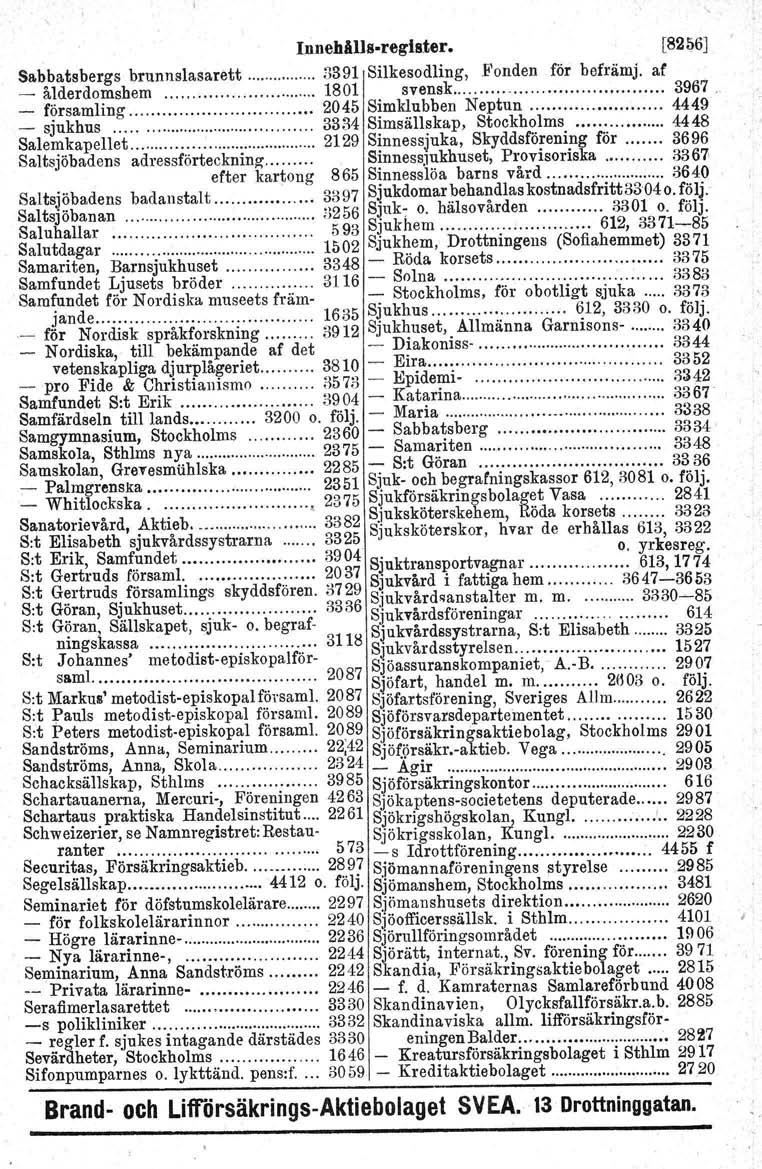 InnehAlls-reglllter. [8256] Sabbatsbergs brunnslasarett 3391 Silkesodling, Fonden för befrämj. af _ ålderdomshem 1801 svensk...... 3967.