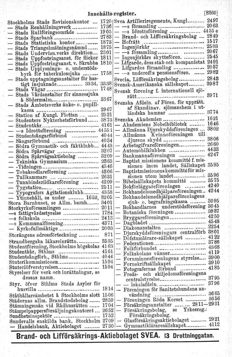 Innehålls register. [8260] Stockholms Stads Revisionskontor 1720 Svea Artilleriregemente, Kungl.