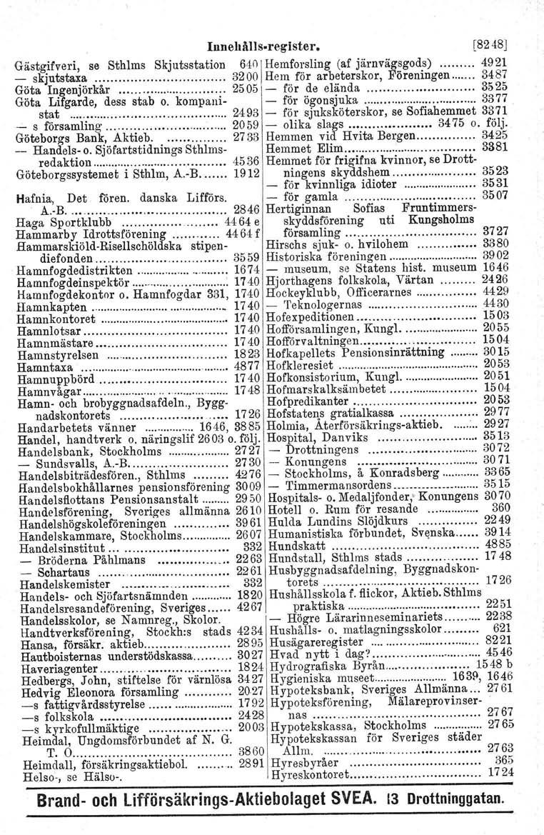 Innehålls-reglster, [8248J Gästgifveri, se Sthlms Skjutsstation 640 IHemforsling (af järnvägsgods) 4921 _ skjutstaxa 3200 Hem för arbeterskor, Föreningen 3487 Göta Ingenjörkår 2505 - för de elända