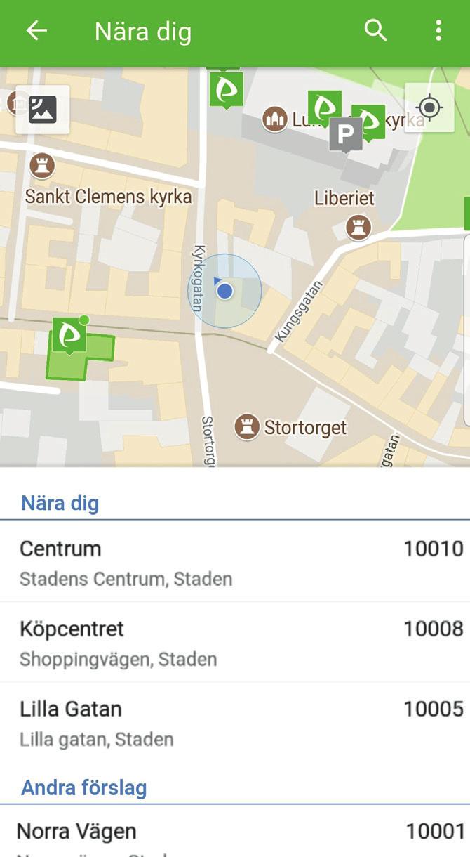 Hitta parkering (Alternativ 1) Nära dig visar en kart-vy med de närmsta p-platserna nära dig. Genom att klicka på ett Parkster-P kan du även begära vägbeskrivning.