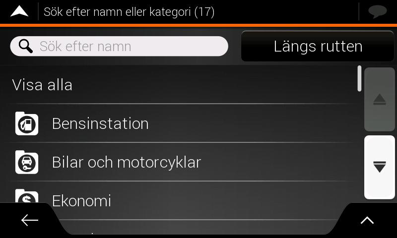 Ett exempel på navigering till en intressant plats Utför följande steg för att t ex hitta en park omkring din destination: 1. I Kartbilden pekar du på för att komma till Navigationsmenyn.