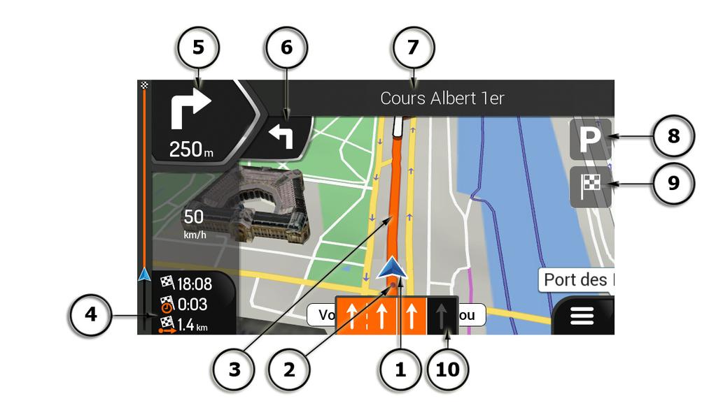 Navigationsvy Navigationsvyn är huvudbilden i Z-N326 / Z-N426 som visar den planerade rutten på en karta.