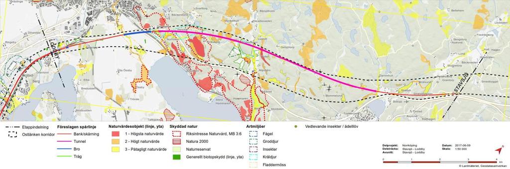 Skiren Figur 1. Nu projekterad linje inom förordad korridor på delen Stavsjö Loddby. På kartan redovisas även naturmiljöintressen såsom naturvårdsobjekt, skyddad natur och artmiljöer 5.