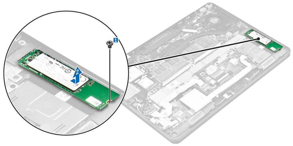 Installera halvledarenheten (SSD) 1. Sätt i SSD-kortet i kontakten på moderkortet. 2. Dra åt skruven som håller fast SSD i datorn. 3. Installera: a. batteriet b. kåpan 4.