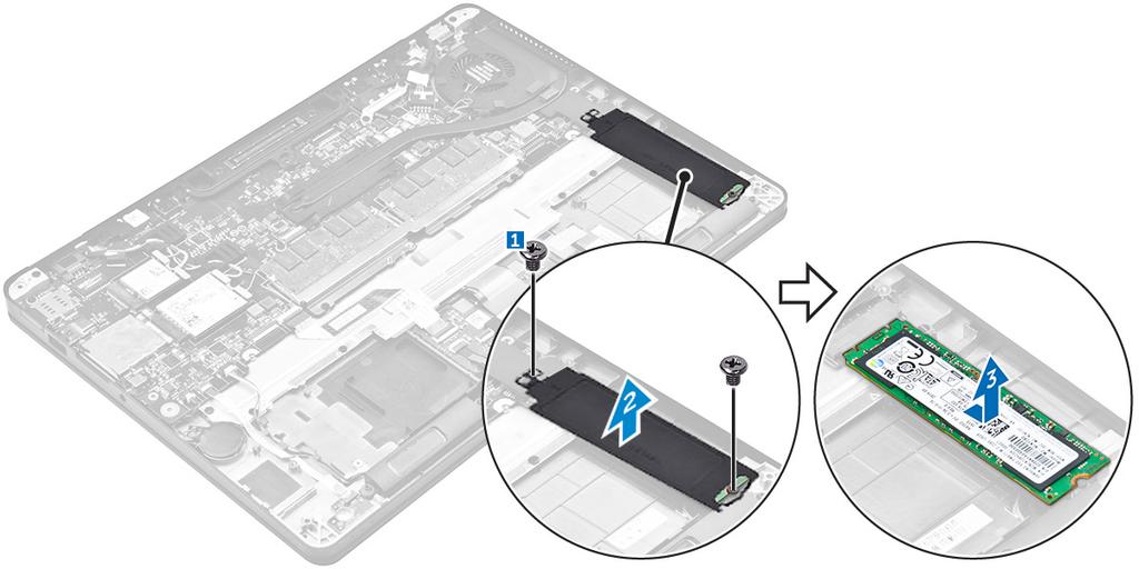 Installera PCIe SSD-kortet (tillval) 1. Sätt i SSD-kortet i kontakten på moderkortet. 2. Placera SSD-fästet över SSD-kortet och dra åt skruvarna som håller fast det i datorn. 3. Installera: a.