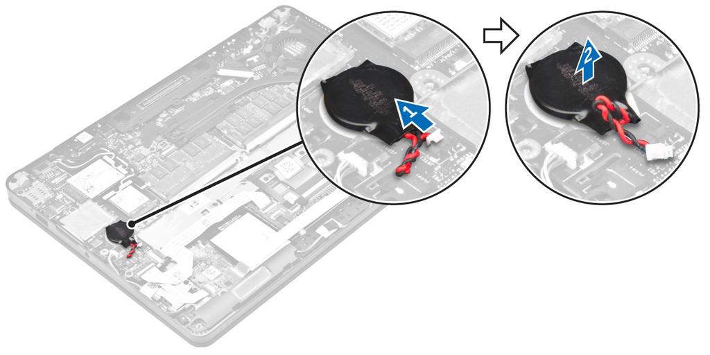 Installera knappcellsbatteriet 1. Fäst knappcellsbatteriet på moderkortet. 2. Anslut knappcellsbatteriets kabel till kontakten på moderkortet. 3. Installera: a. batteriet b. kåpan 4.