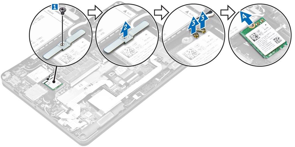 Installera WLAN-kortet 1. Sätt i WLAN-kortet i kontakten på moderkortet. 2. Anslut WLAN-kablarna till kontakterna på WLAN-kortet. 3.