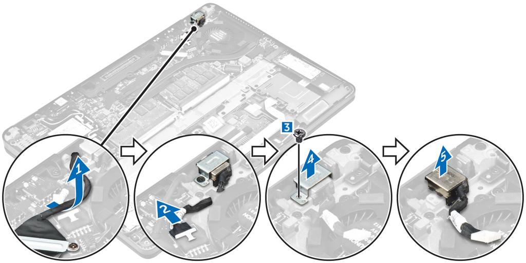 OBS: Dra åt skruvarna på moderkortet i ordningen som anges i bildtexten [1, 2, 3, 4]. 3. Anslut fläktkabeln till kontakten på moderkortet. 4. Installera: a. batteriet b. kåpan 5.