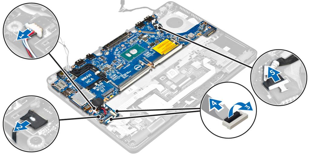 f. WLAN-kortet g. WWAN-kortet h. kylflänsenhet i. knappcellsbatteri 3. Så tar du bort kabeln till bildskärmsenheten: a. Dra bort WWAN- och WLAN-kablarna [1]. b. Ta bort skruven som håller fast fästet för bildskärmsenhetens kabel i moderkortet [2].