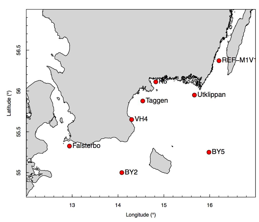 Figur 1. Kartan visar provtagningsstationer som diskuteras i texten om växtplanktonövervakning.