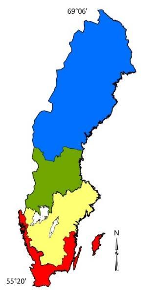 3 Definitioner och förklaringar Sverige delas in i olika klimatzoner (Figur 2) och vinterperiodens längd definieras enligt följande för de olika zonerna.