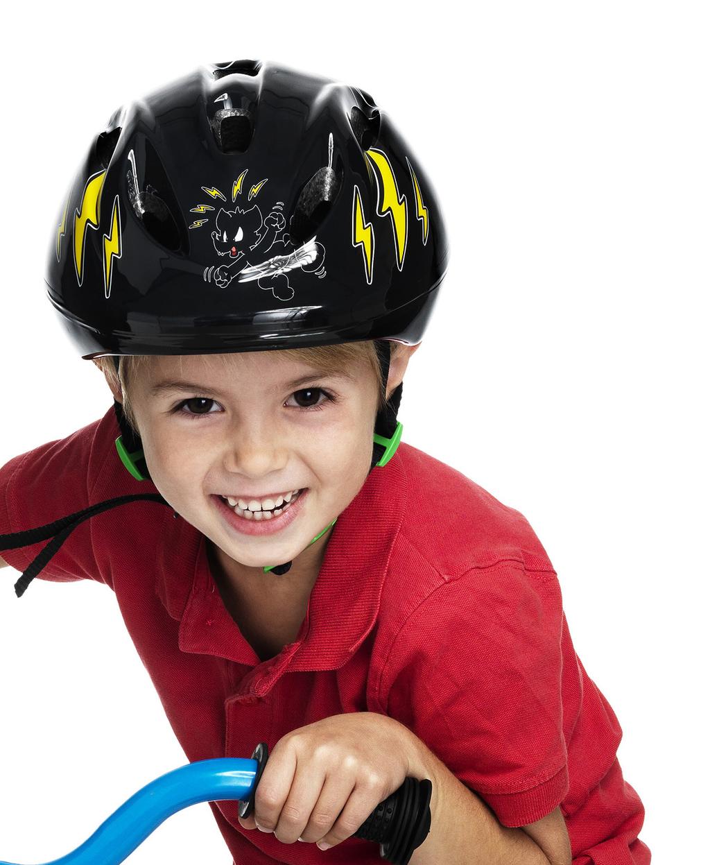 Våra cykelhjälmar är av yppersta kvalitet och uppfyller standarden EN1080, vilket är godkända cykelhjälmar för barn under 7 år. Utrustade med grönt spänne och rattjustering.