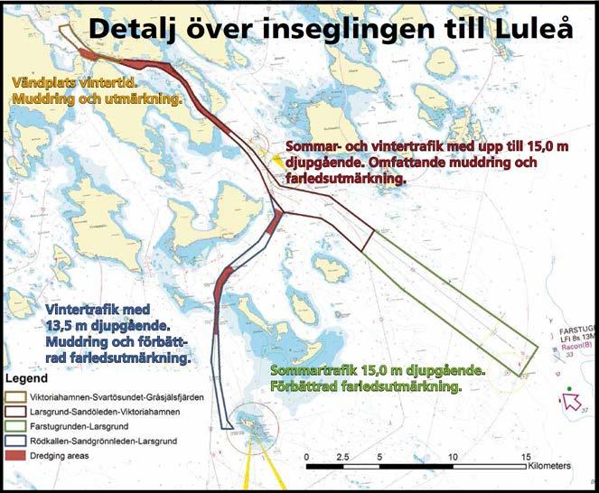 Med anledning av detta är det rimligt att dimensionera farleden till Luleå för en fartygsstorlek med 15,0 meters max leddjupgående, 45 meters bredd och ca 300 meters längd.