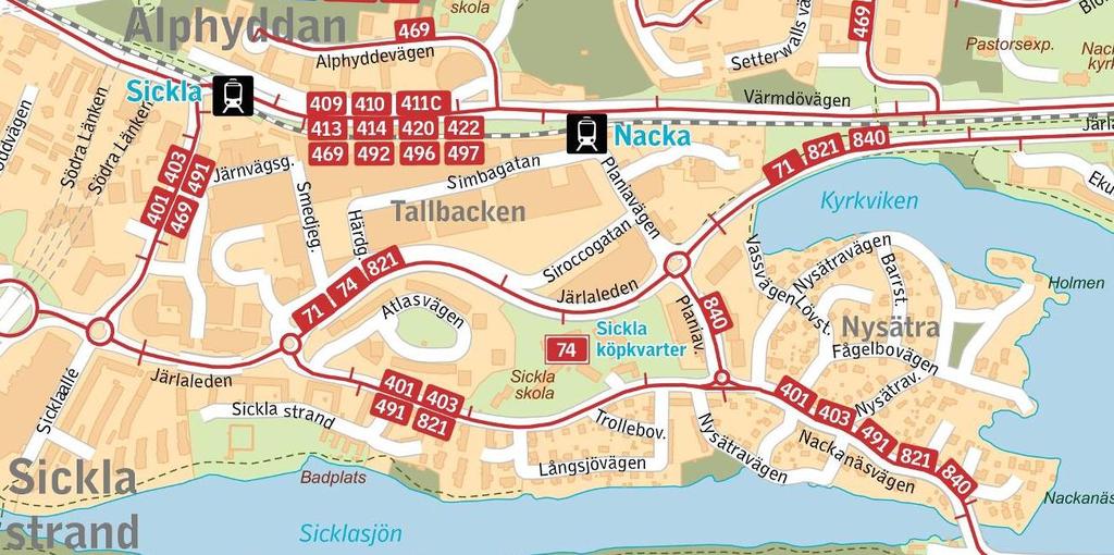 Kollektivtrafik Saltsjöbanan och flertalet busslinjer trafikerar nära området. Närmsta station med Saltsjöbanan, Nacka, ligger på ca 400 m gångavstånd från områdets mitt.
