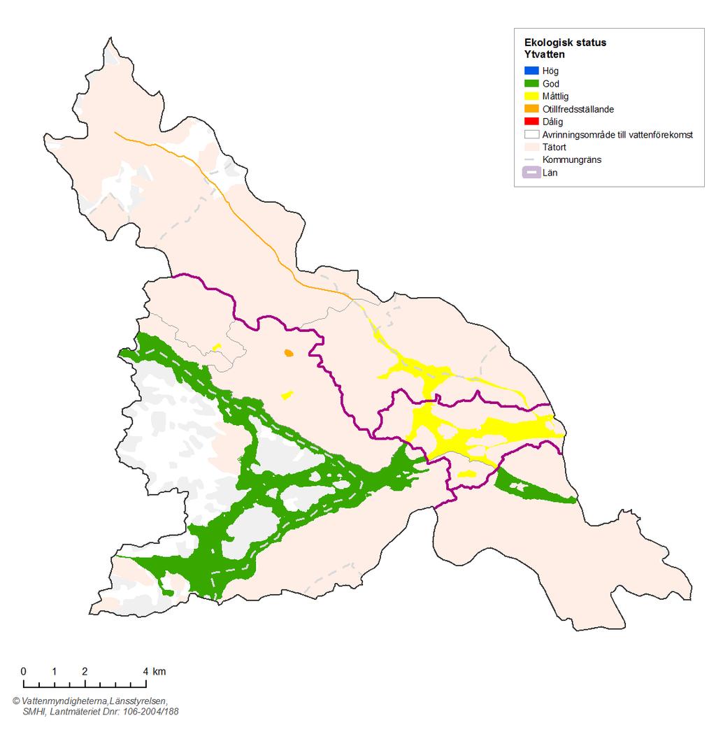Figur 2. Områdets ytvattenförekomster och deras ekologiska status.