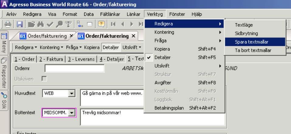 Lathund - Registrering av försäljningsorder AGRESSO Logistik 34 Flik 5 Texter Flik 5 ger möjlighet att ange informationstext/er som visas som huvudtext eller bottentext på fakturan.