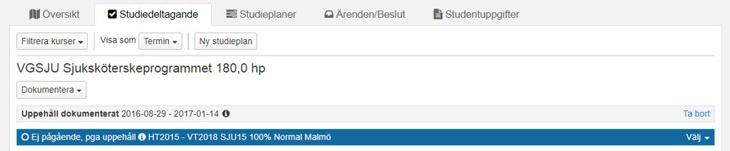 Uppehåll på program Dokumentera uppehåll Då en student meddelar studieuppehåll ska detta dokumenteras för programmet som hen studerar. Programmet får då tillstånd Ej pågående, pga uppehåll.