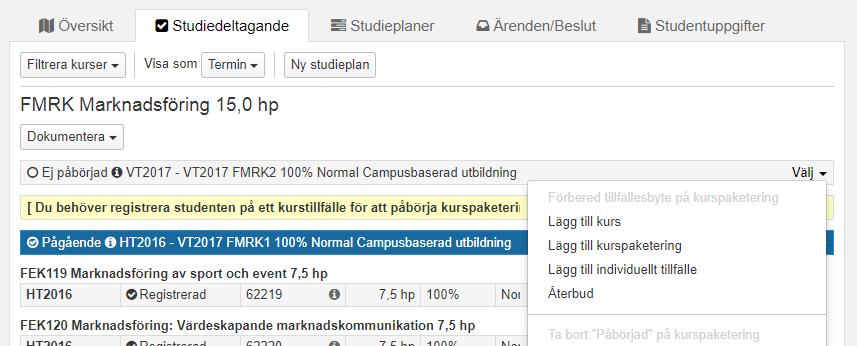 Antagning inom program som studenten redan läser Om en student antas via NyA på ett program hen redan har studerat vid kan inte programtillfället som läggs i Ladok via NyA startas.