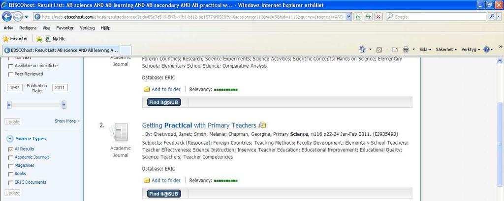 6. Nu är det bara att börja gå igenom träffarna. Genom att klicka på respektive titel får du fram en abstract för artikeln och kan rätt snabbt bedöma om den är värd att använda.