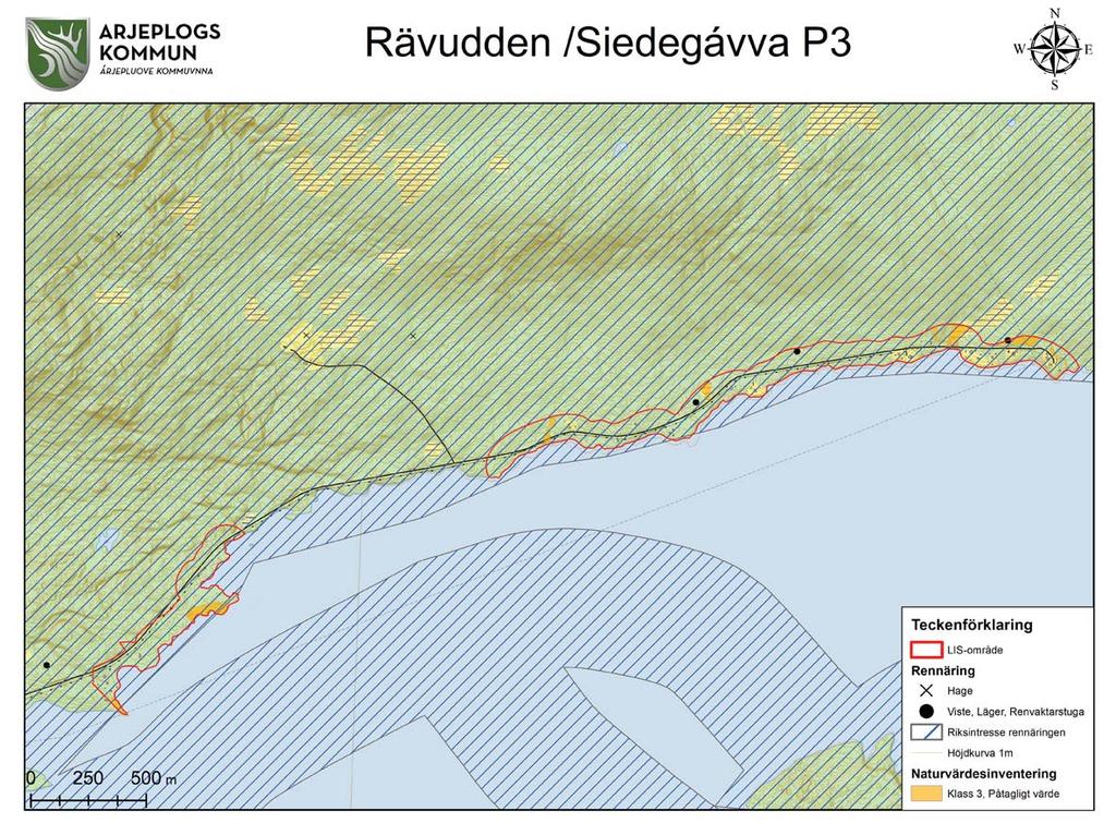 Rävudden/Siedegávva (P3) Motiv Kompletterande bebyggelse för bybor och verksamhet, som samiskt företagande med mervärde av strandnära läge, bedöms stärka underlaget för service och företagsamhet i